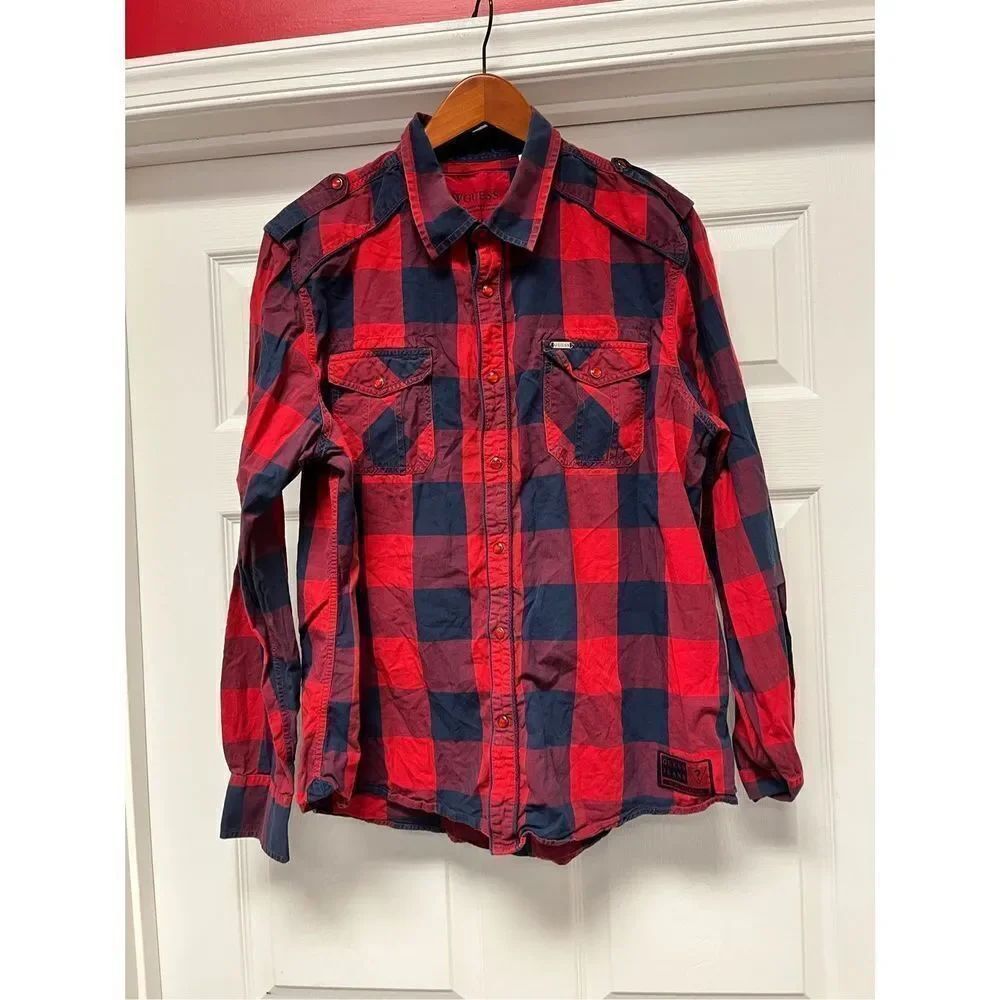 Guess Red & Blue Buffalo Check Pearl Snap Button Down Shirt sz XL